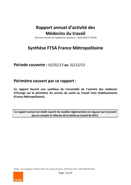 Rapport Activite Medecins Travail Orange 2013