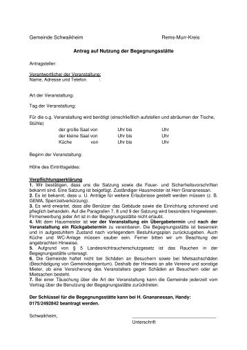 Antrag auf Nutzung der Begegnungsstätte - Gemeinde Schwaikheim