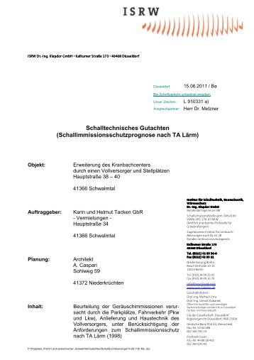 Schalltechnisches Gutachten (Schallimmissionsschutzprognose ...