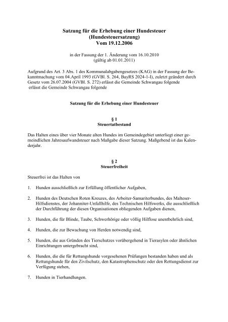 Satzung fÃ¼r die Erhebung der Hundesteuer ... - Schwangau
