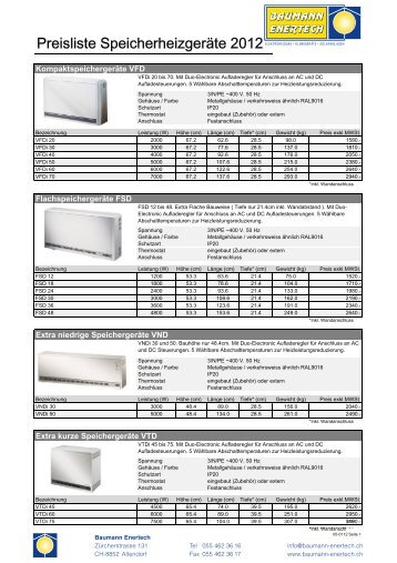 Preisliste Speicherheizgeräte 2012 - Baumann Enertech