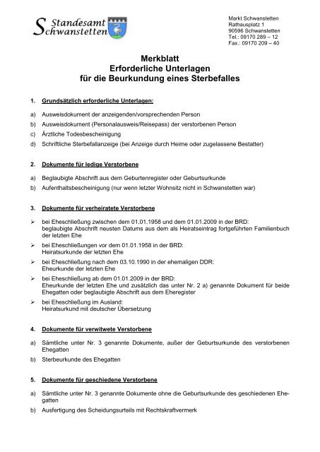 Merkblatt Erforderliche Unterlagen fÃ¼r die Beurkundung eines ...