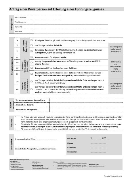 Antrag einer Privatperson auf Erteilung eines FÃ¼hrungszeugnisses