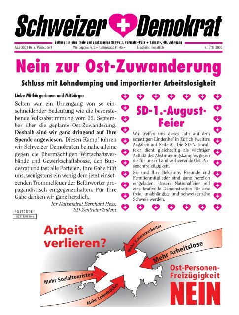 Nein zur Ost-Zuwanderung - Schweizer Demokraten SD