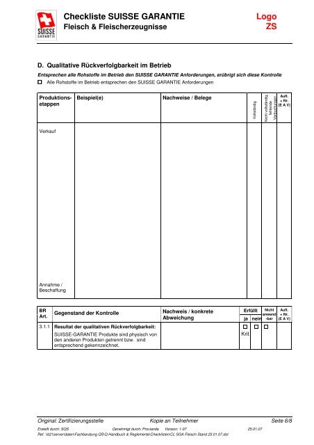 Checkliste fÃ¼r Fleischverarbeitungsbetriebe - Schweizer Fleisch