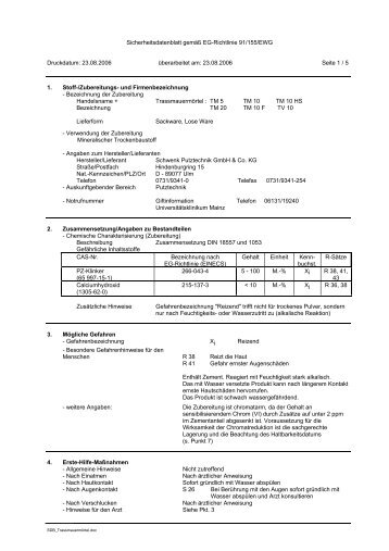 Sicherheitsdatenblatt gemäß EG-Richtlinie 91/155/EWG Druckdatum