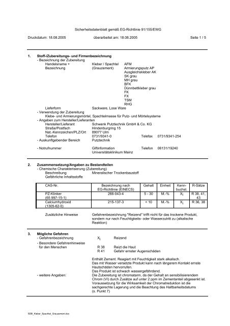 Sicherheitsdatenblatt gemäß EG-Richtlinie 91/155/EWG Druckdatum