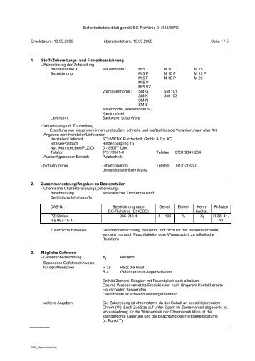 Sicherheitsdatenblatt gemäß EG-Richtlinie 91/155/EWG Druckdatum