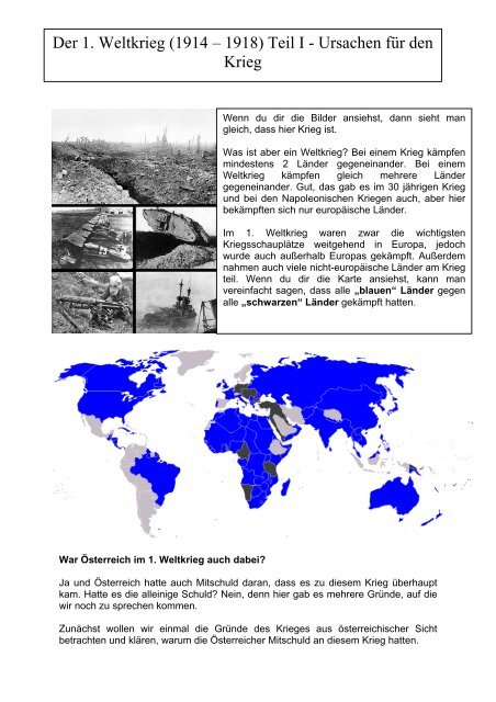 Ursachen 1 Weltkrieg Zusammenfassung Der 1. Weltkrieg (1914 – 1918) Teil I - Ursachen für den Krieg