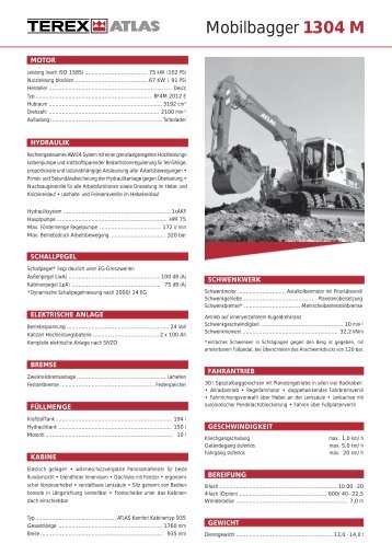 Technische Daten Prospekt 1304 M - ATLAS Hydraulikbagger