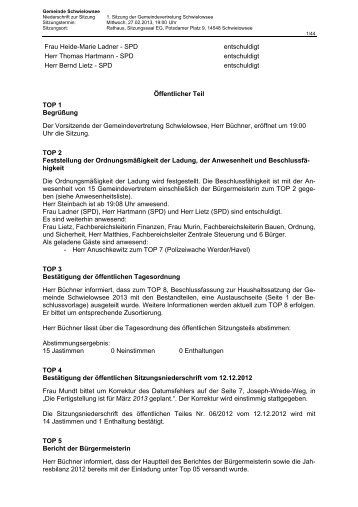 Frau Heide-Marie Ladner - SPD entschuldigt Herr Thomas Hartmann
