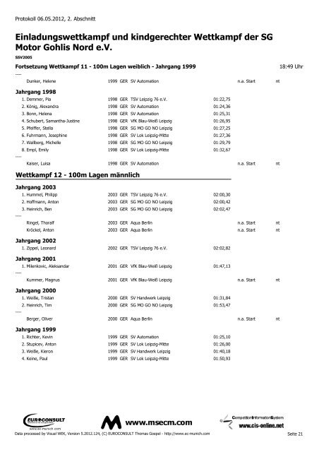 Protokoll - SV Lok Leipzig Mitte eV Schwimmen