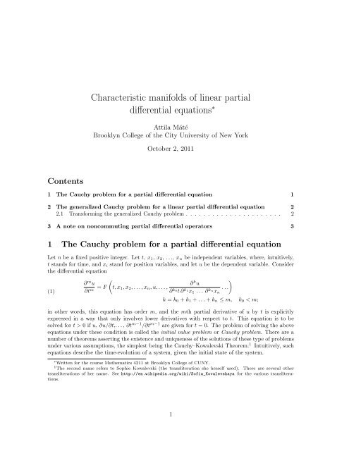 Characteristic manifolds of linear partial differential equations - CUNY