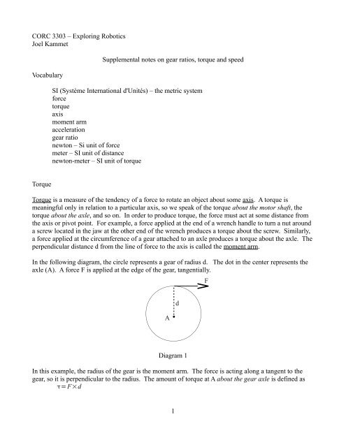 Supplemental Notes On Gear Ratios Torque And Speed