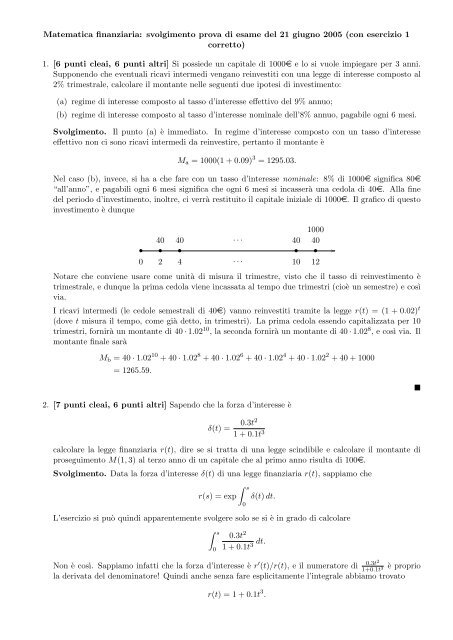 Matematica finanziaria: svolgimento prova di esame del 21 giugno