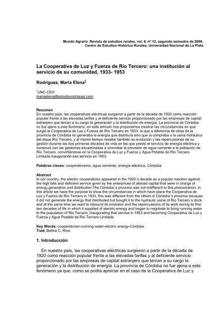 La Cooperativa de Luz y Fuerza de RÃ­o Tercero: una ... - SciELO