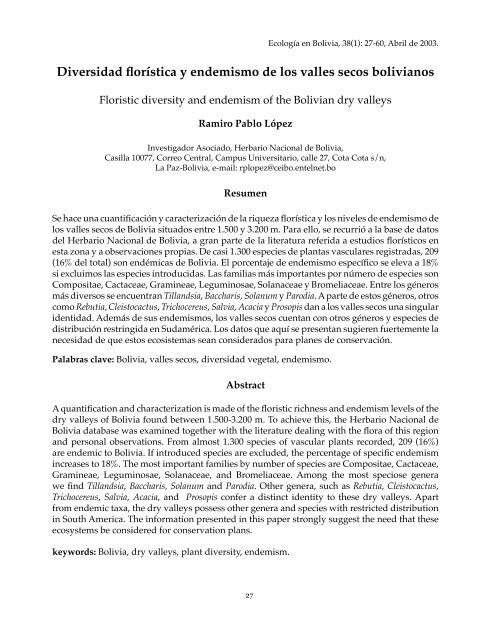 Diversidad florÃ­stica y endemismo de los valles secos bolivianos