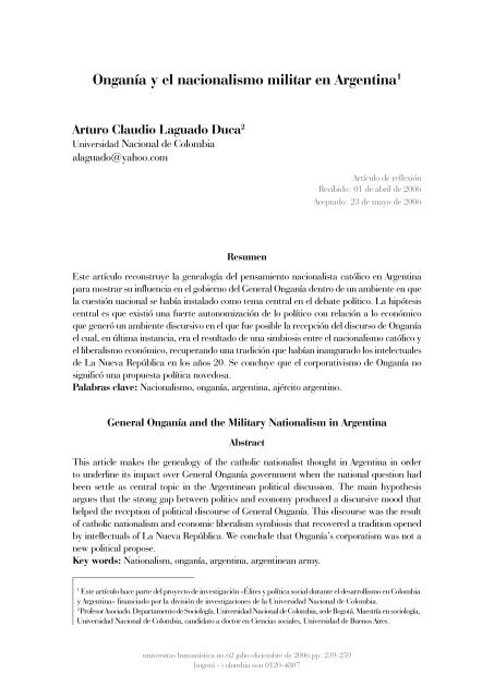 OnganÃ­a y el nacionalismo militar en Argentina - Pontificia ...