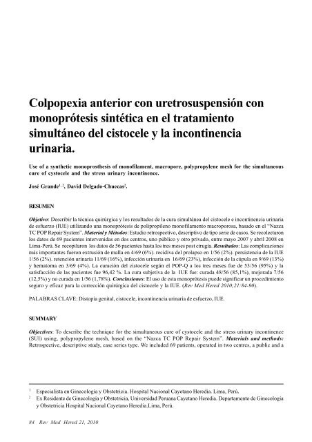Reparacion de cistocele con malla