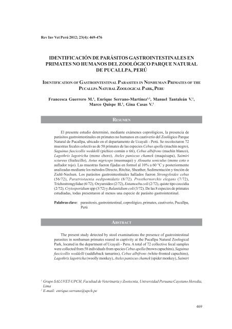 identificaciÃ³n de parÃ¡sitos gastrointestinales en primates ... - SciELO