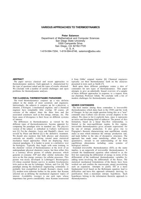 various approaches to thermodynamics - San Diego State University