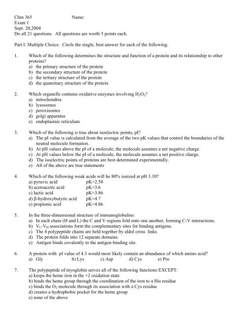 Chm 365 Name Exam 1 Sept 04 Do All 21 Questions All Chm 365 Name Exam 1 Sept 04 Do All 21 Questions All