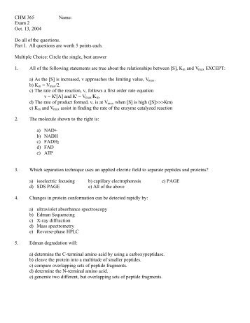 CHM 365 Name: Exam 2 Oct. 13, 2004 Do all of the questions. Part I ...
