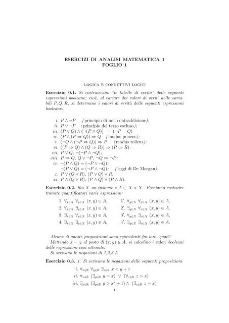 ESERCIZI DI ANALISI MATEMATICA 1 FOGLIO 1 Logica e ...