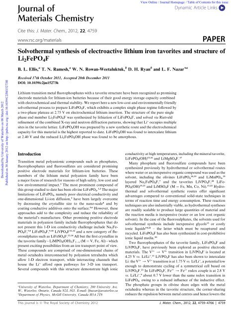 J. Mater. Chem., 22, 4759-4766 (2012) - University of Waterloo