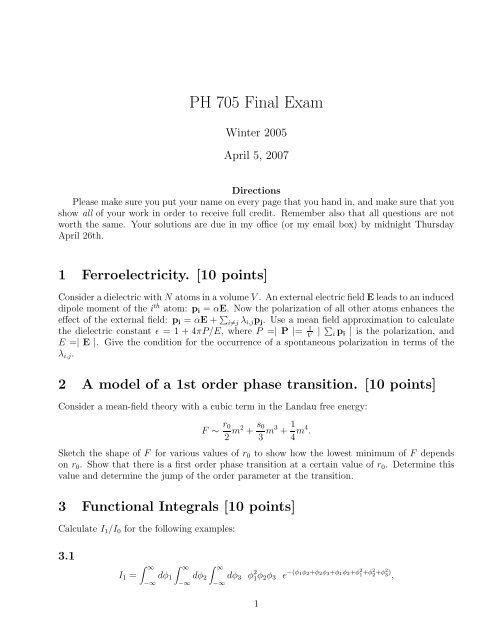 Advanced Statistical Mechanics Phys. 705 Take-Home Final Exam