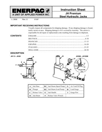 JH Premium Steel Hydraulic Jacks Instruction Sheet - Enerpac