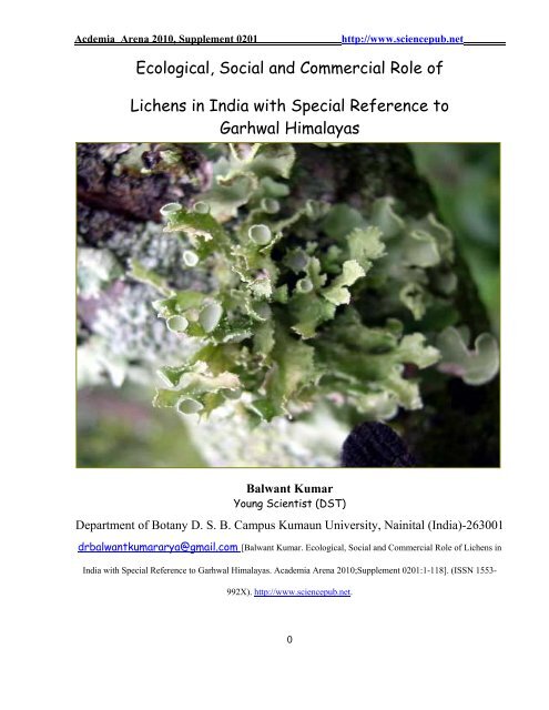 Ecological, Social and Commercial Role of Lichens in India with ...