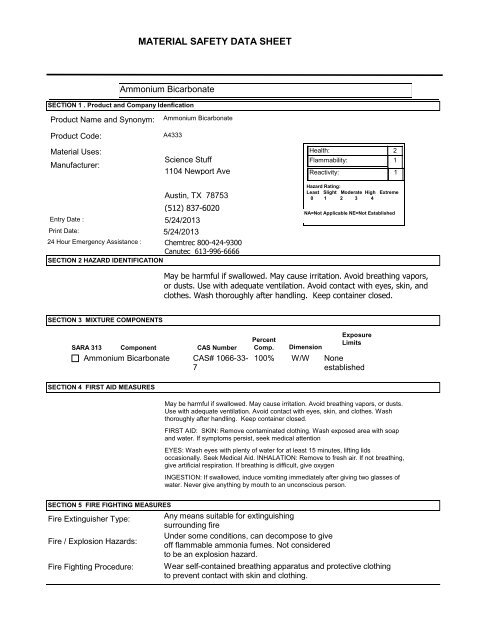 MSDS for Ammonium Bicarbonate - Science Stuff