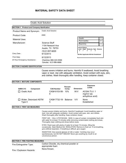 MATERIAL SAFETY DATA SHEET - Science Stuff