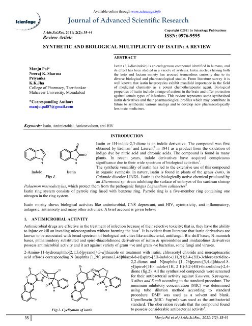 synthetic and biological multiplicity of isatin: a review - Sciensage.info