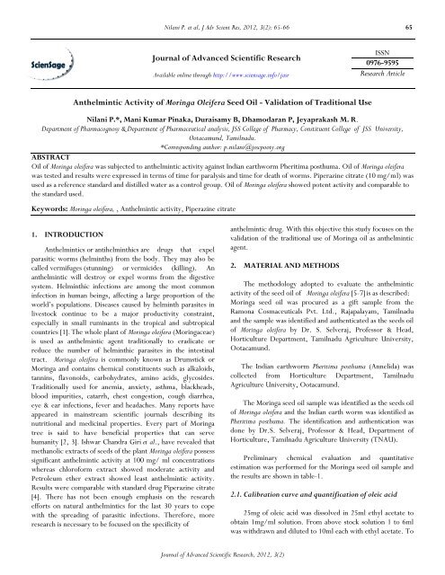 Anthelmintic Activity of Moringa Oleifera Seed Oil - Sciensage.info