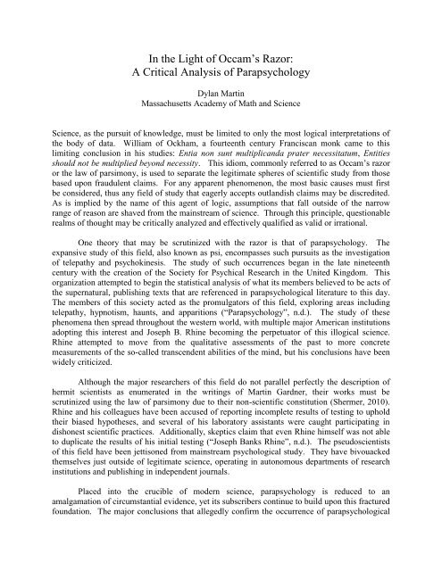 In the Light of Occam's Razor: A Critical Analysis of Parapsychology