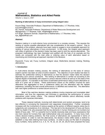 Ranking of alternatives in fuzzy environment using integral value