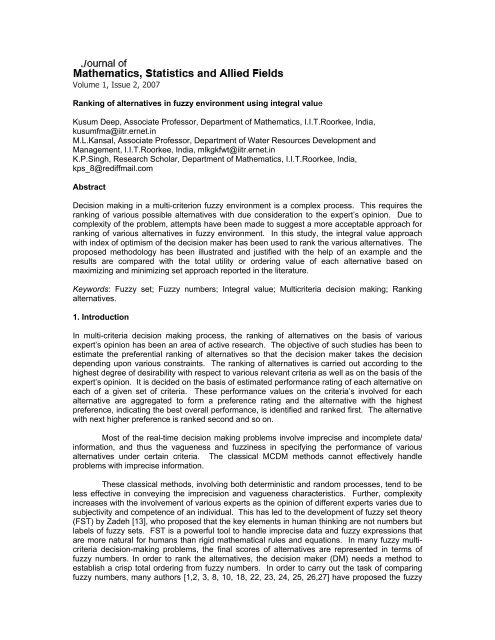 Ranking of alternatives in fuzzy environment using integral value