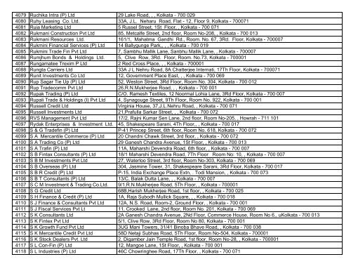 Sl No. Company Name Address 1 A & P Exim Pvt. Ltd. 32A, C. R. ...