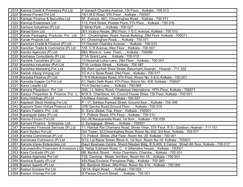 Sl No. Company Name Address 1 A & P Exim Pvt. Ltd. 32A, C. R. ...