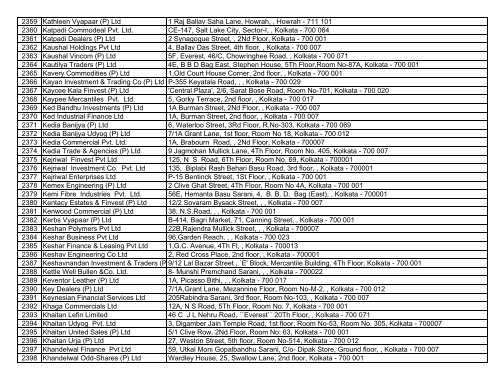 Sl No. Company Name Address 1 A & P Exim Pvt. Ltd. 32A, C. R. ...