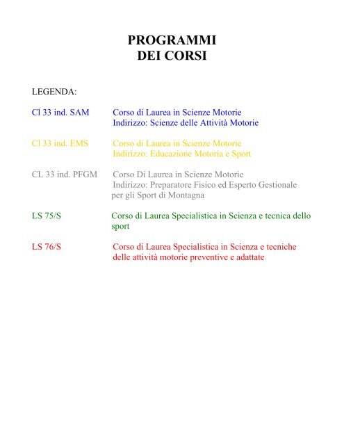 programmi dei corsi - Scienze motorie - UniversitÃ  degli Studi dell ...