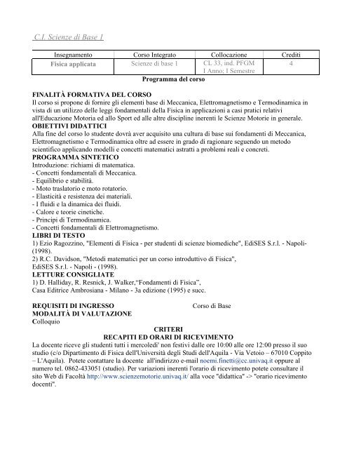 programmi dei corsi - Scienze motorie - UniversitÃ  degli Studi dell ...