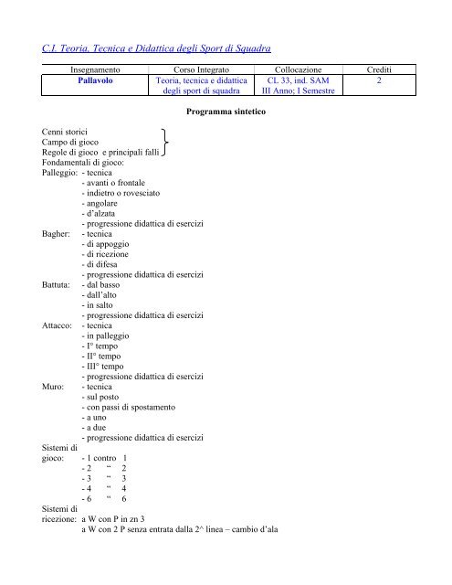 programmi dei corsi - Scienze motorie - UniversitÃ  degli Studi dell ...