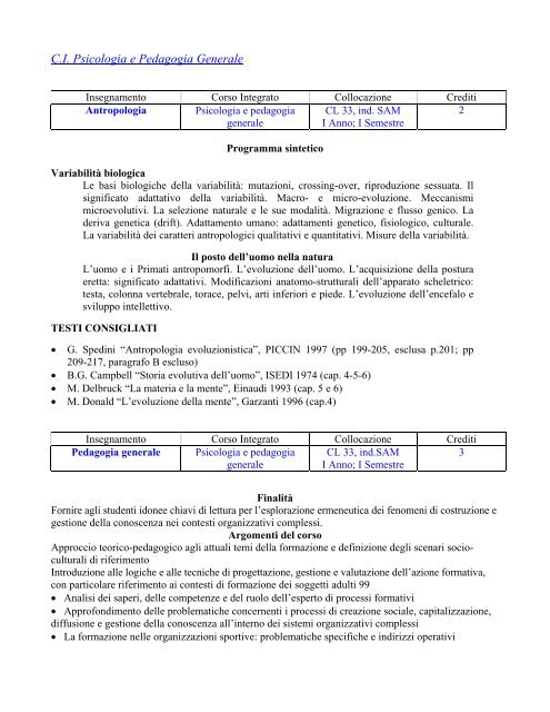 programmi dei corsi - Scienze motorie - UniversitÃ  degli Studi dell ...