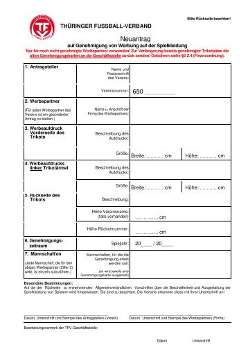 Antrag auf Genehmigung von Trikotwerbung