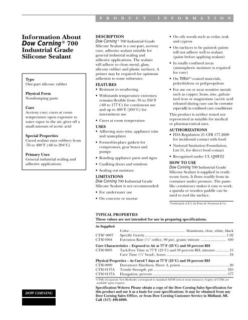 Information About Dow Corning® 700 Industrial Grade Silicone ...