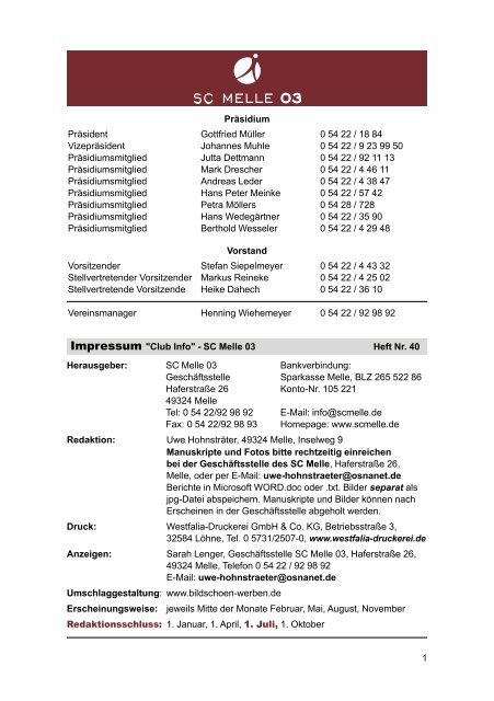 Impressum "Club Info" - SC Melle 03 Heft Nr. 40 Herausgeber: SC ...