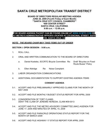 SCMTD Board of Directors Agenda of June 26, 2009 - Santa Cruz ...